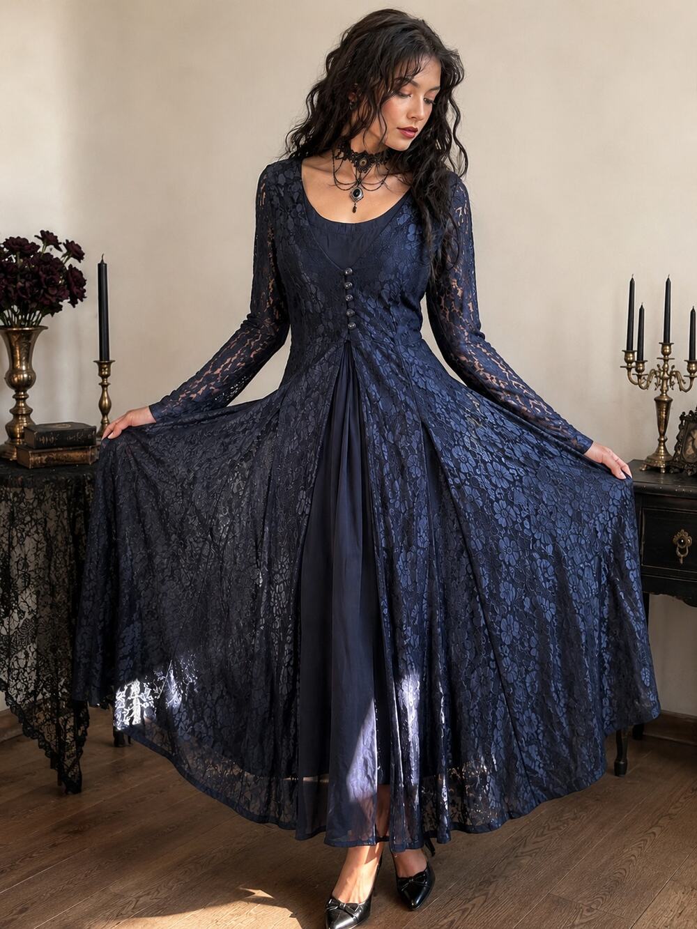 VTG 90s M.P.H. Black Floral Lace Maxi Dress – Whimsigoth Dark Romantic Gothic